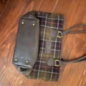 Barbour brown, cranberry and green tartan purse. A classic.